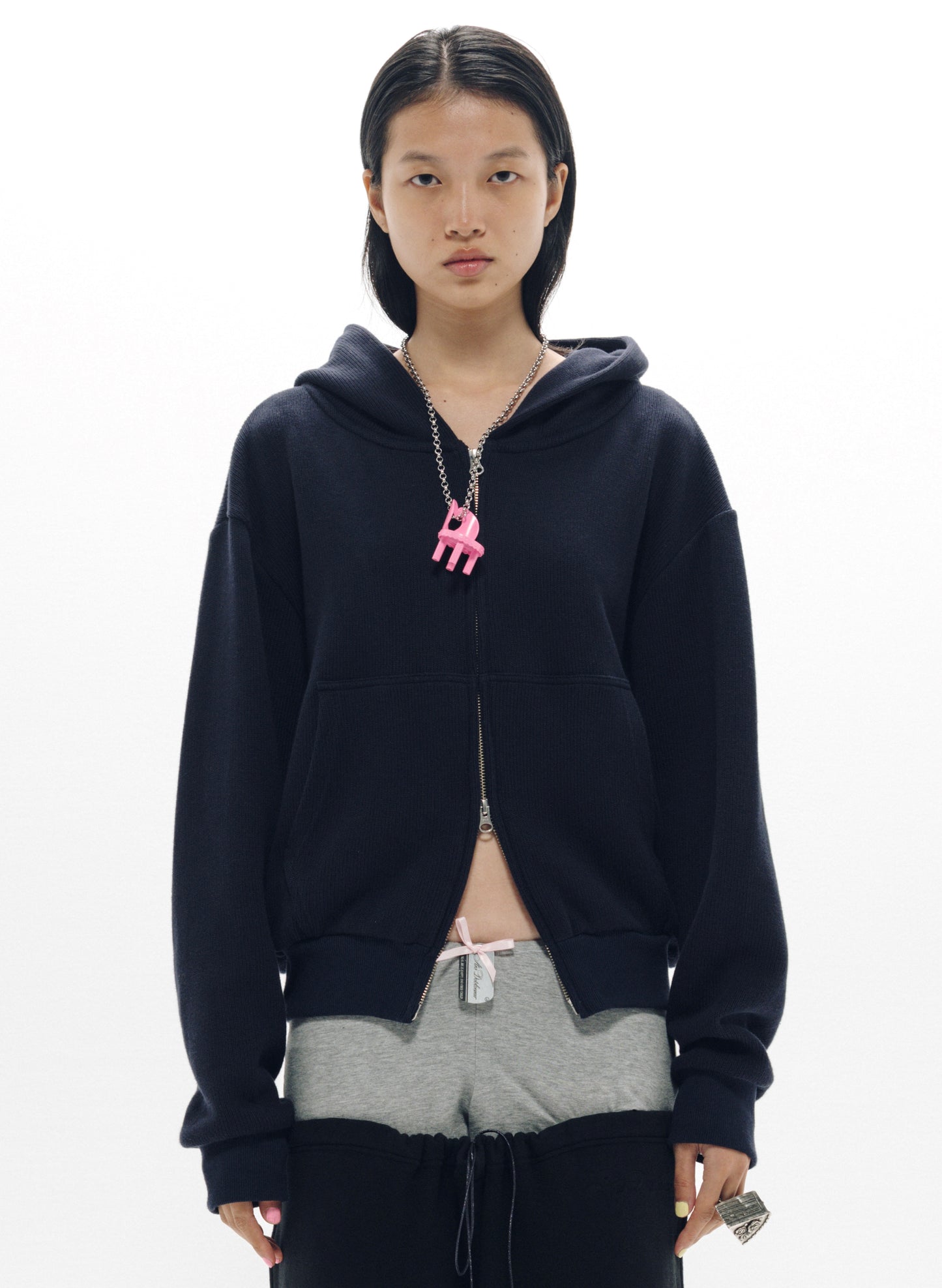 BALLOON HOODIE RIB KNIT Navy
