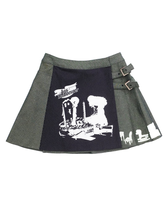 PLEATS SKIRT GREEN LAME DENIM